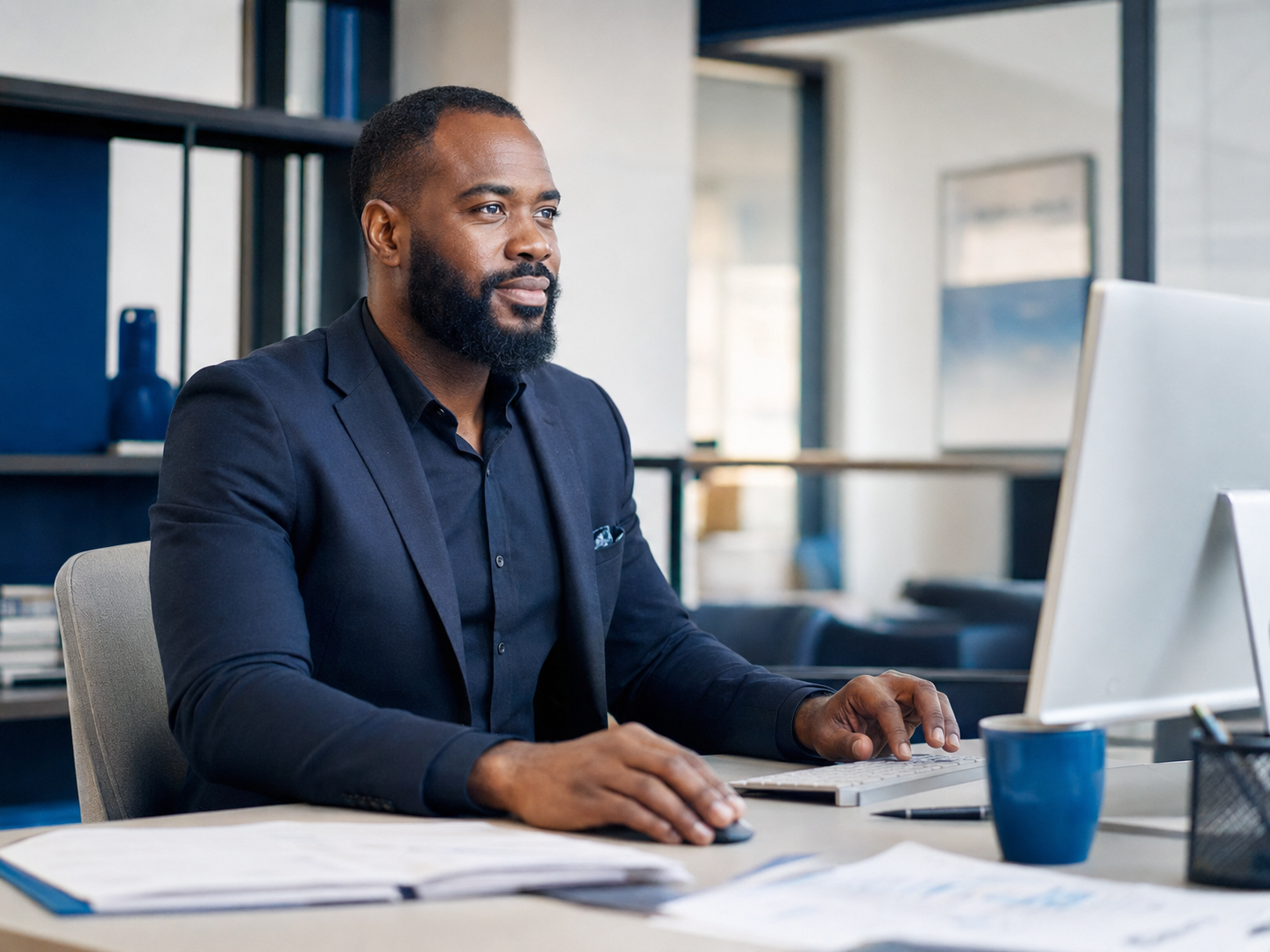 Business owner reviewing a growth plan in a modern office